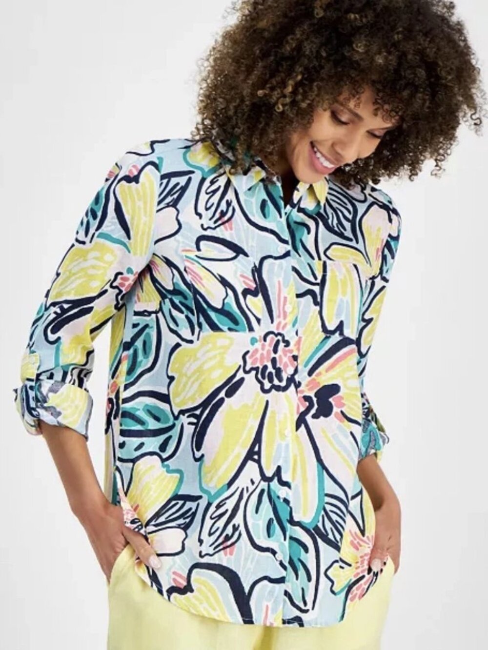 CHARTER CLUB Vibrant 100% Linen Wildflower Roll-tab Sleeve Button Up Shirt Sz LP